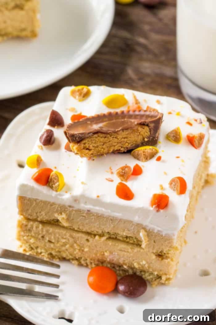 A slice of peanut butter icebox cake with layers of creamy peanut butter filling and topped with peanut butter candies.