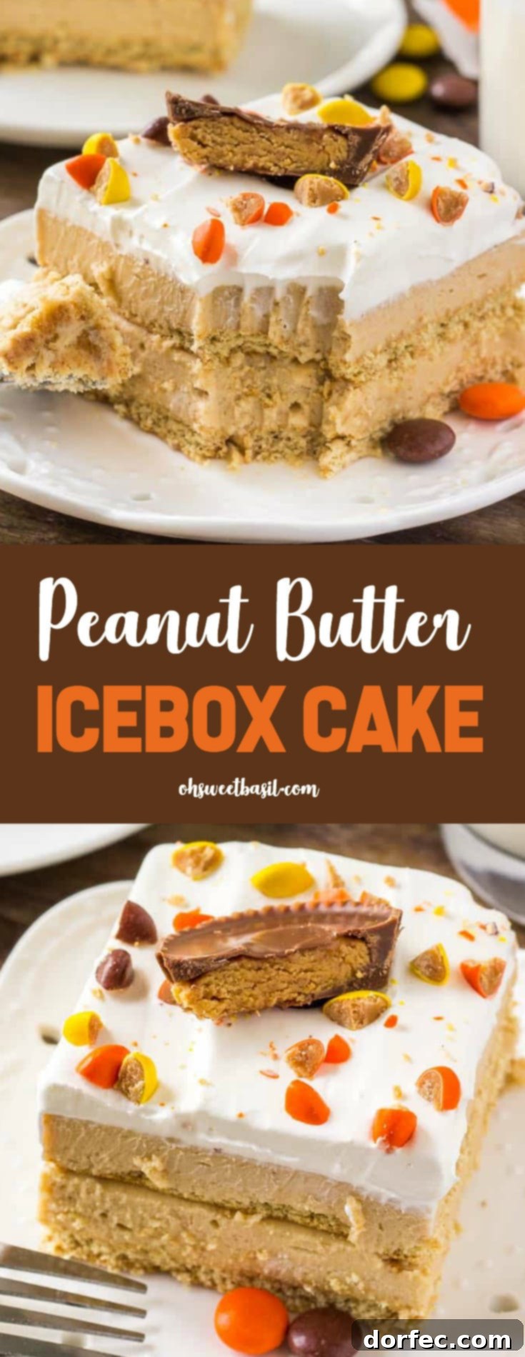 A slice of peanut butter icebox cake with layers of creamy peanut butter filling and topped with peanut butter candies.