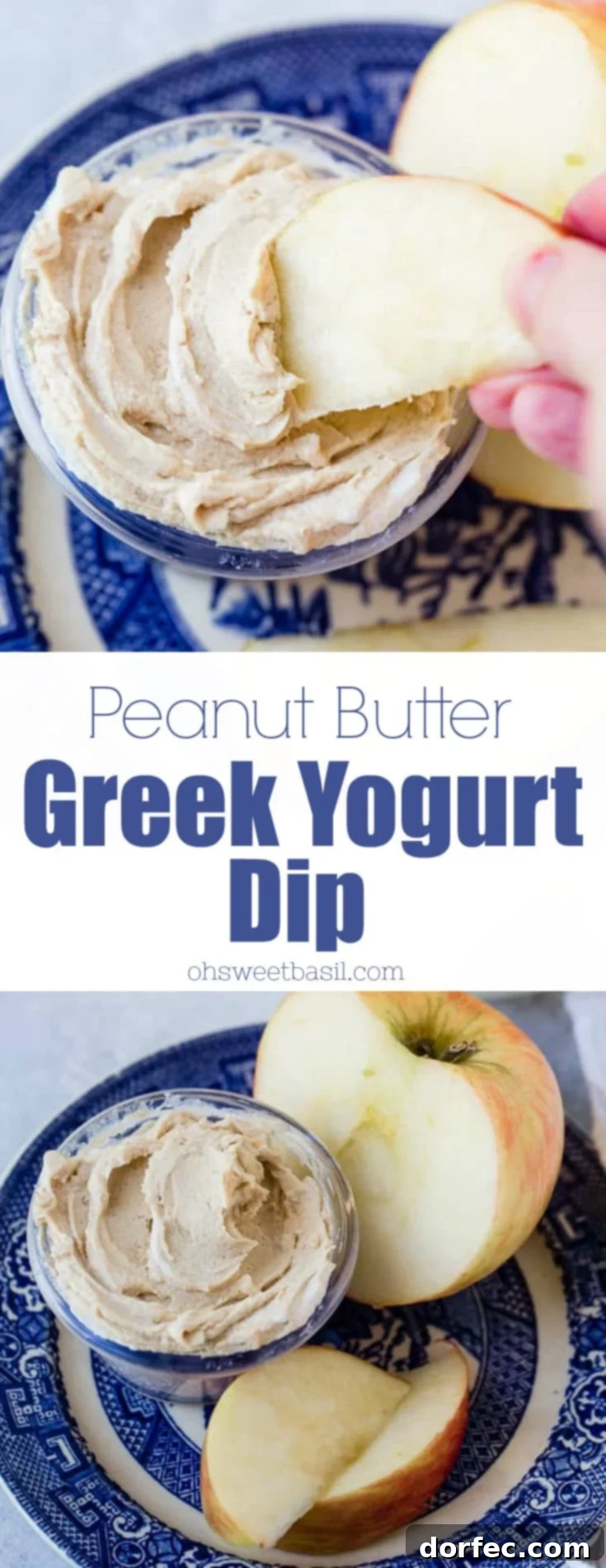 A top-down shot of a blue dish with sliced apples and a small bowl of creamy peanut butter Greek yogurt dip, emphasizing its fresh and inviting appearance.