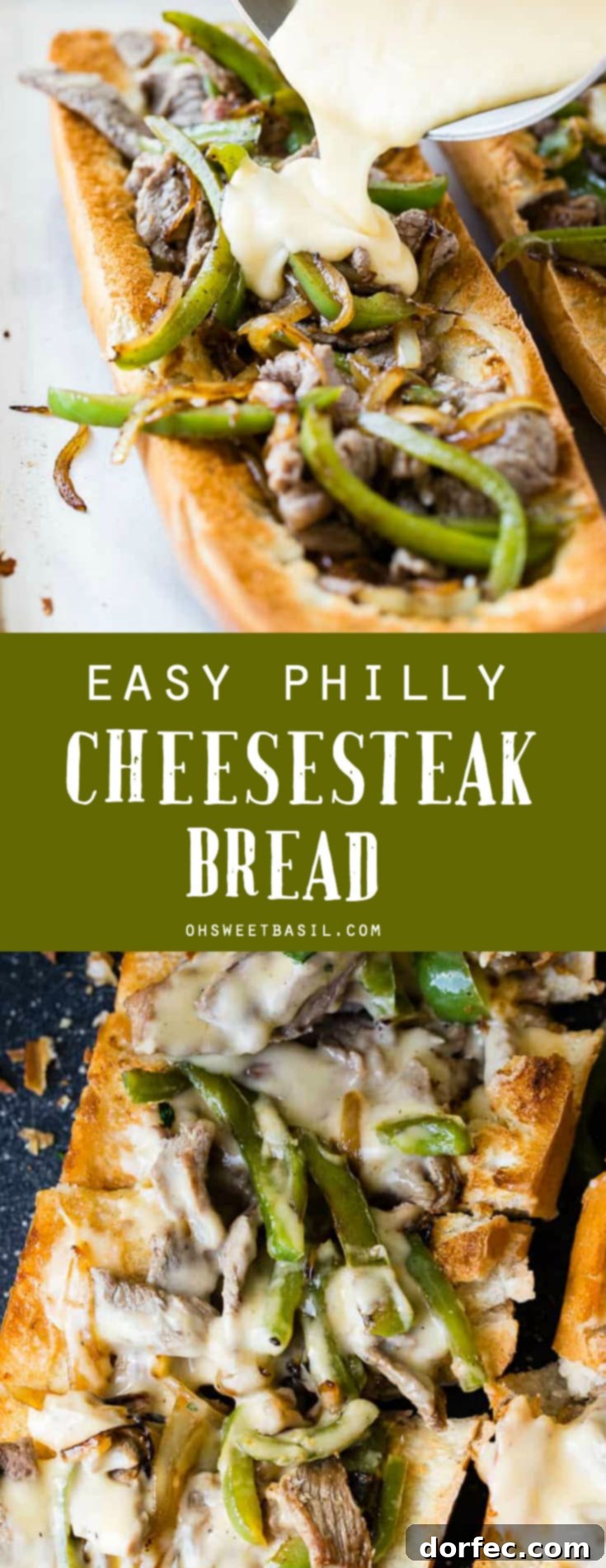 Philly Cheesesteak Stuffed Loaf 7 A large, rustic French bread loaf, beautifully split and generously loaded with golden-brown steak, vibrant sautéed peppers and onions, and a rich, gooey cheese sauce, making an inviting and easy Philly Cheesesteak recipe.