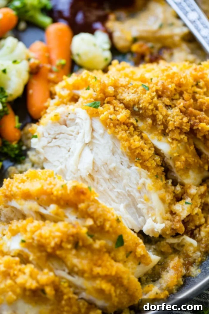 a grey plate full of steamed veggies and golden, baked quick and easy cornflake chicken recipe which has been sliced into pieces of chicken