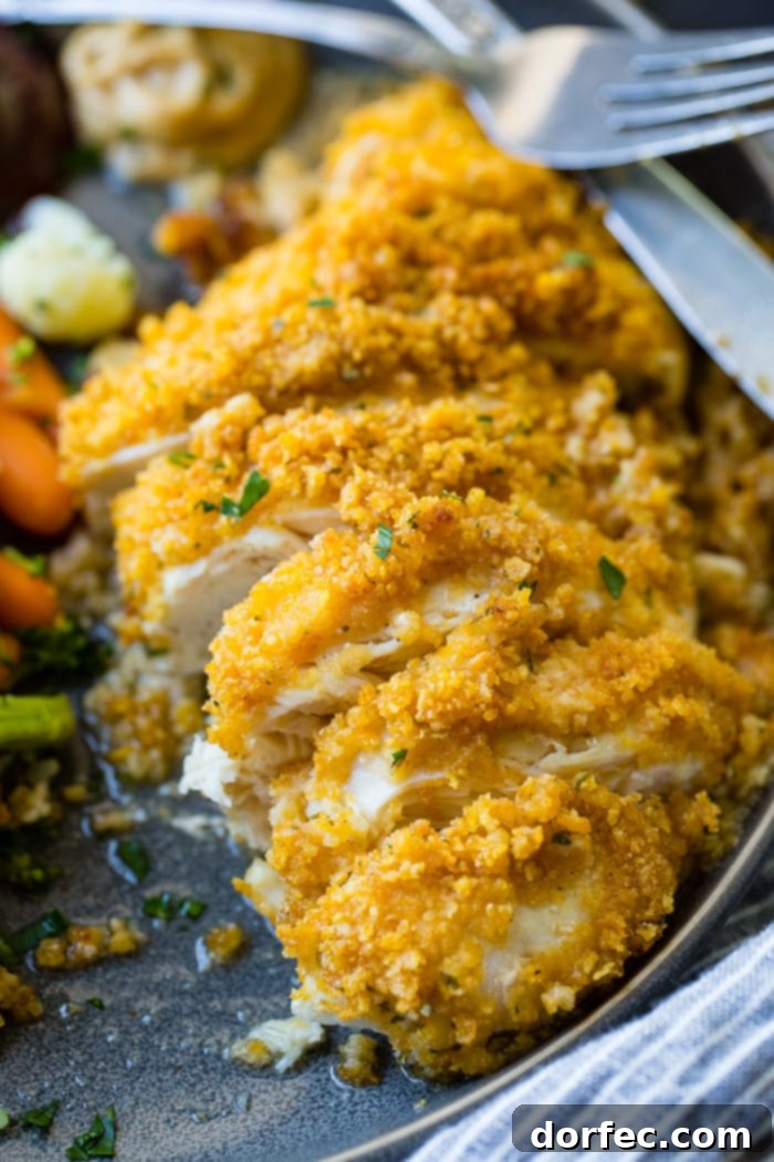 a grey plate full of steamed veggies and golden, baked quick and easy cornflake ranch chicken recipe which has been sliced into pieces of chicken