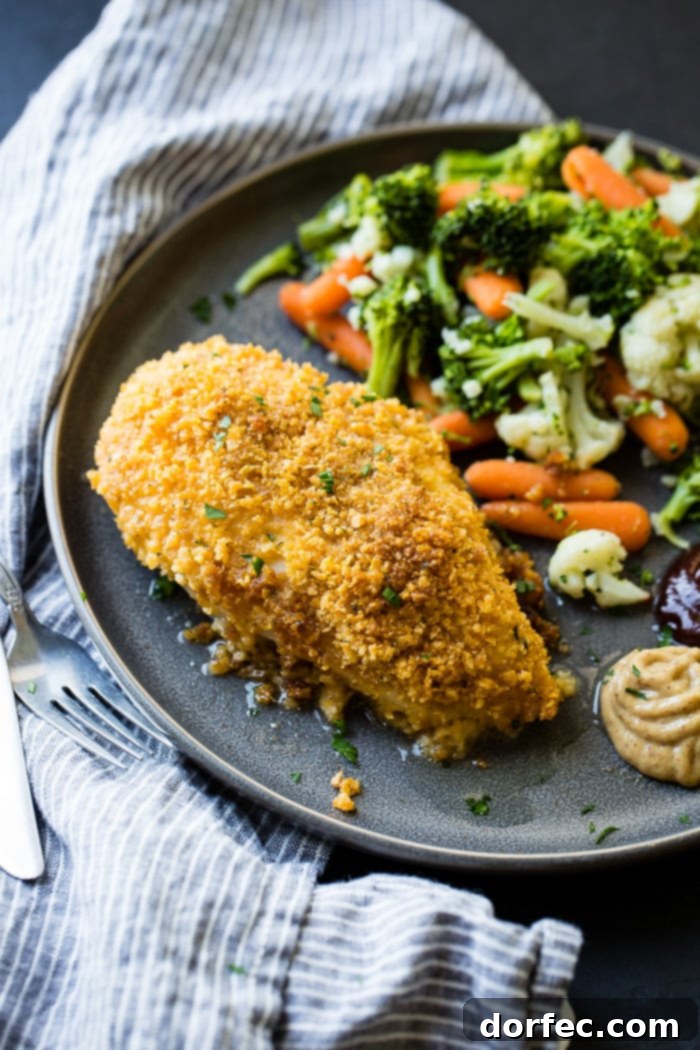 a grey plate full of steamed veggies and golden, baked quick and easy cornflake ranch chicken recipe which has been sliced into pieces of chicken