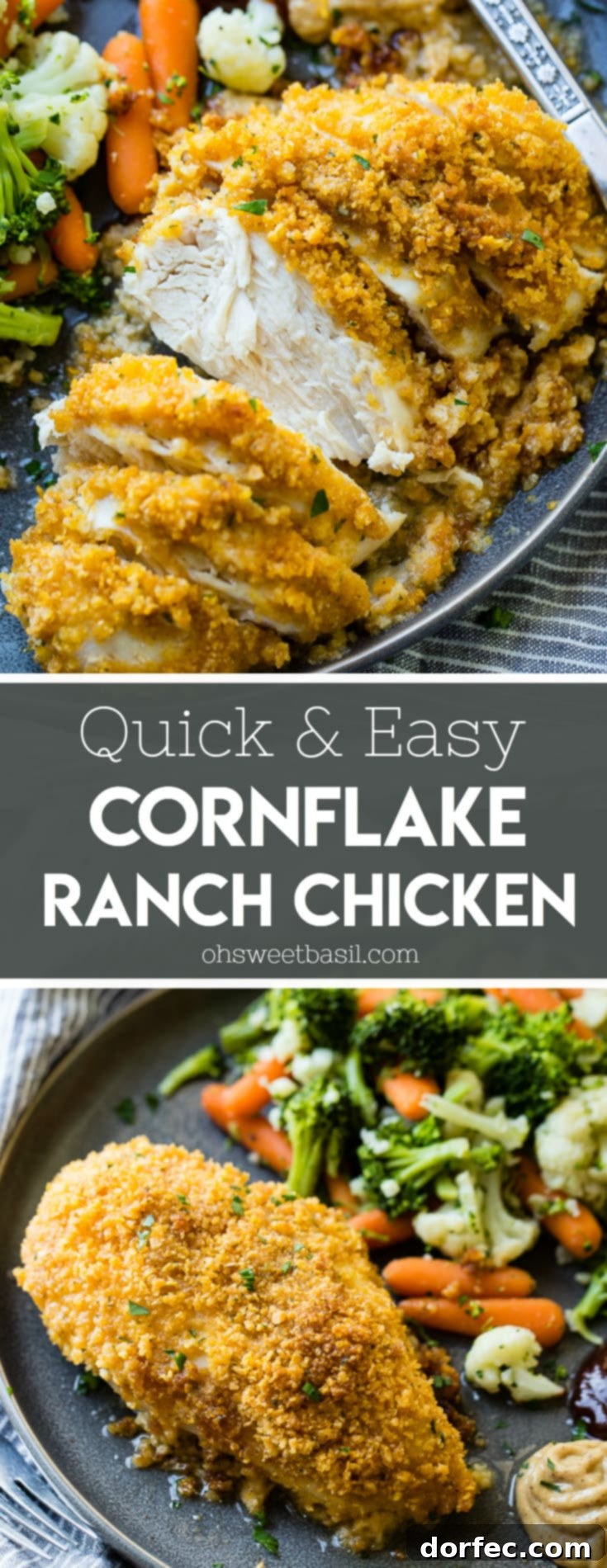 grey plate full of steamed veggies and golden, baked quick and easy cornflake ranch chicken recipe which has been sliced into pieces of chicken