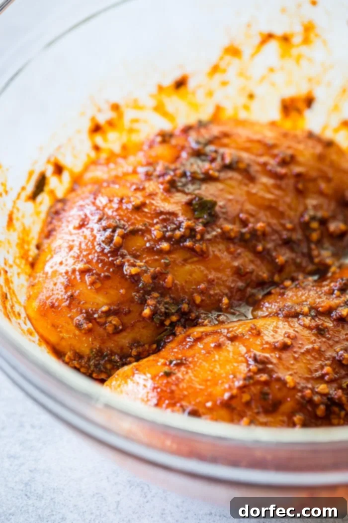 Speedy Oregano Grilled Chicken 3 a glass bowl with chicken breasts that have been rubbed with a smoked paprika, garlic and oregano spice rub waiting to be grilled