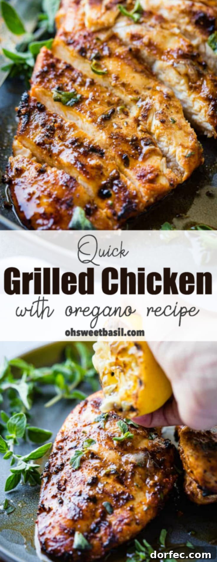 Speedy Oregano Grilled Chicken 9 A grey plate with a sliced quick grilled chicken with oregano with oregano and grilled lemons behind it