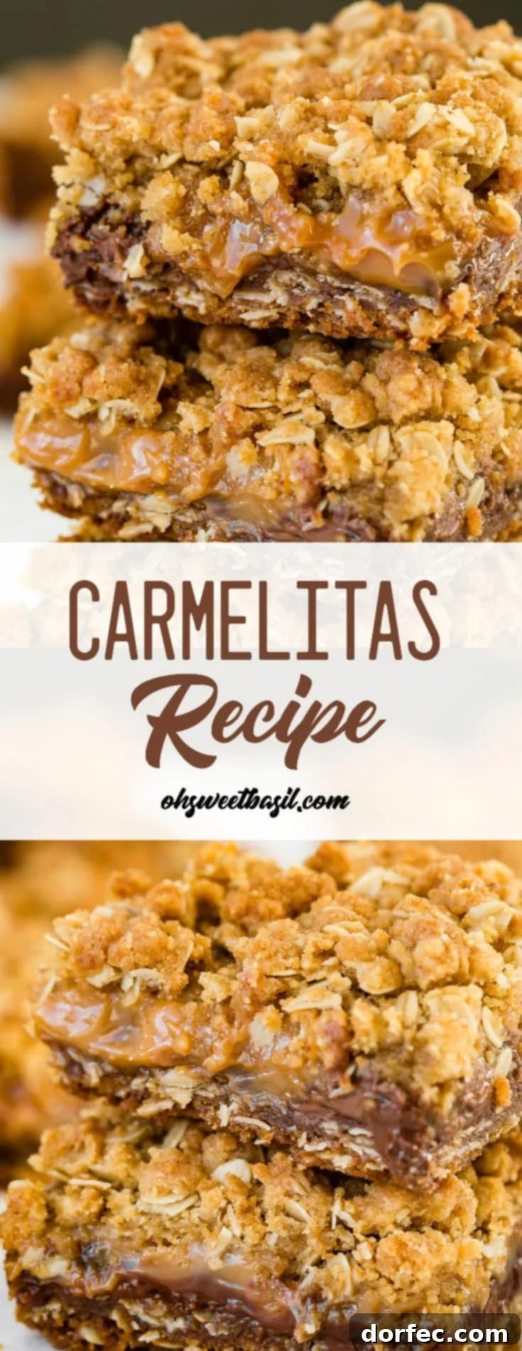 A stack of golden Carmelitas, showcasing their distinct layers of oat crumble, rich caramel, and melted chocolate.