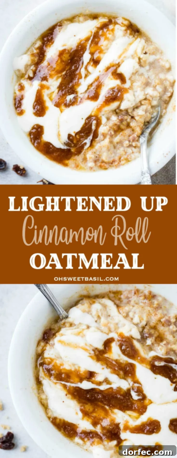 A beautifully composed shot of the Lightened Up Cinnamon Roll Oatmeal, emphasizing its enticing presentation and highlighting the warm, inviting colors of the cinnamon and brown sugar.