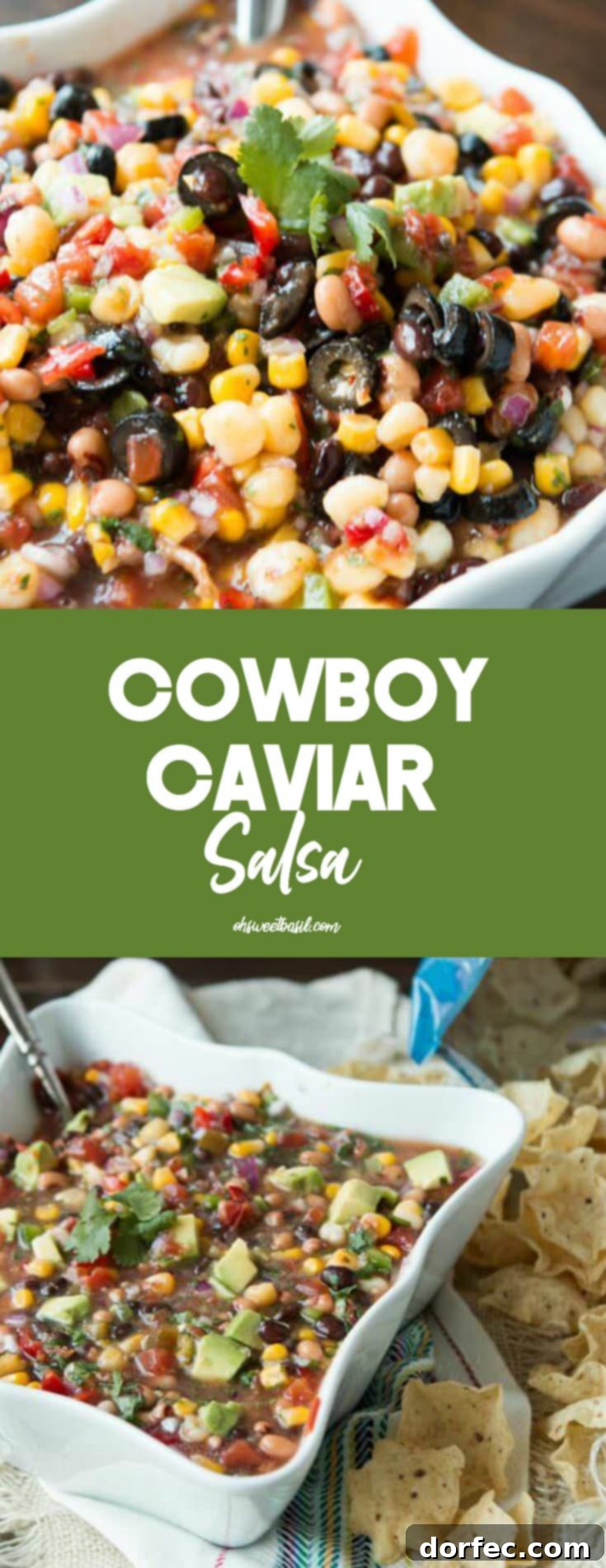 A bowl of cowboy caviar salsa with chips on the side