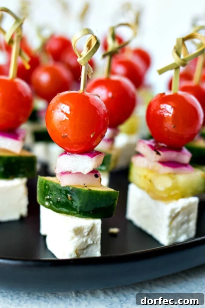 Fresh Greek Salad Skewers 4 Close-up of Greek Salad Skewers showcasing the fresh vegetables and feta cheese cubes
