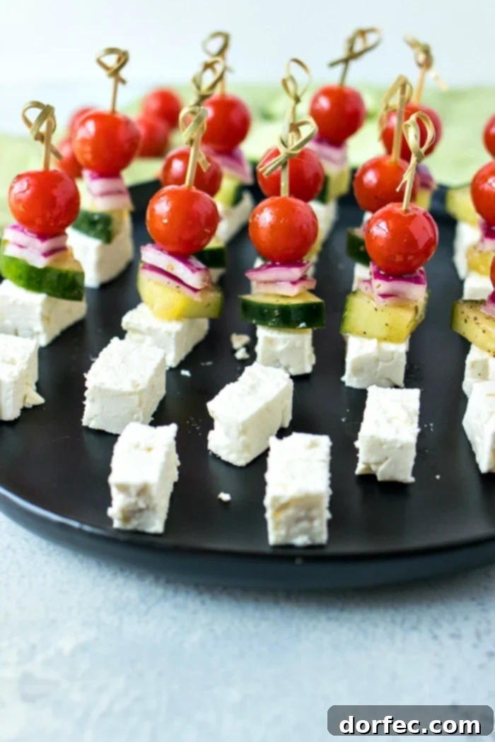 Fresh Greek Salad Skewers 6 Finished Greek Salad Skewers arranged on a platter