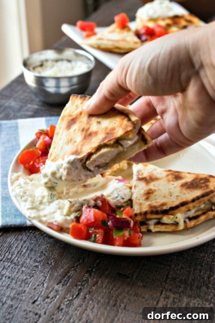 Fresh Greek Salad Skewers 9 Greek Chicken Quesadillas served with tomato salad and tzatziki sauce.
