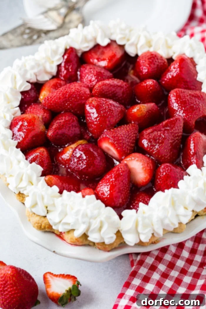 Irresistible Fresh Strawberry Pie 4 a white background with a red and white checkered napkin sitting under a whole fresh strawberry pie with stabilized whipped cream piped around the edges
