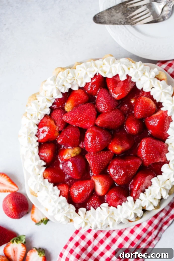 Irresistible Fresh Strawberry Pie 6 a white background with a red and white checkered napkin sitting under a whole fresh strawberry pie with stabilized whipped cream piped around the edges