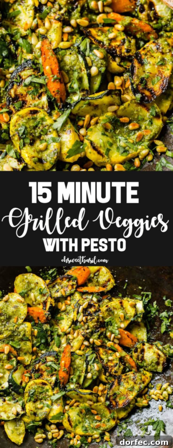 A final inviting image of grilled vegetables with pesto, garnished with fresh parsley and toasted pine nuts, highlighting the simple beauty and delicious outcome of this 15-minute grilled veggies recipe.