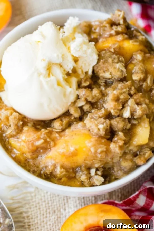 A photo of a bowl of peach crisp with a scoop of vanilla ice cream on top.