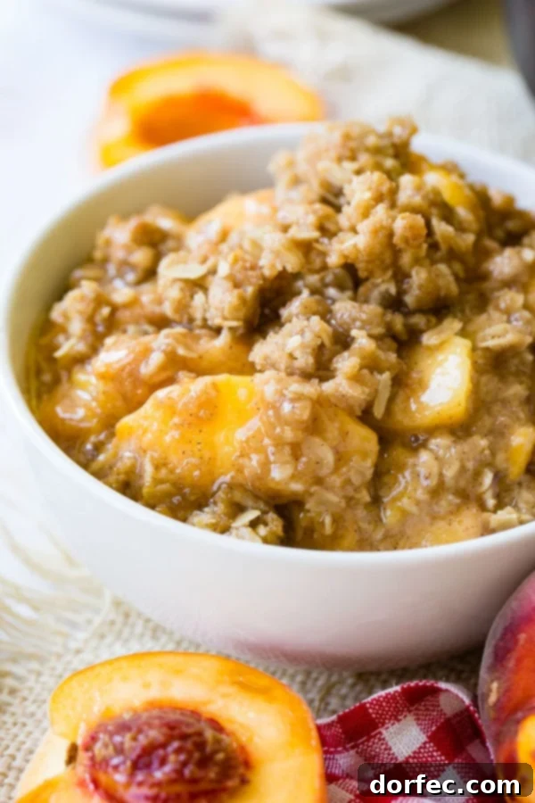 A photo of a bowl of peach crisp with golden oatmeal topping.