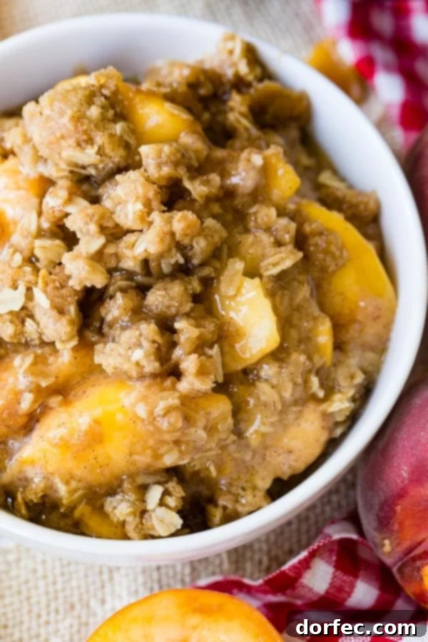 A photo of a bowl of peach crisp with golden oatmeal topping.