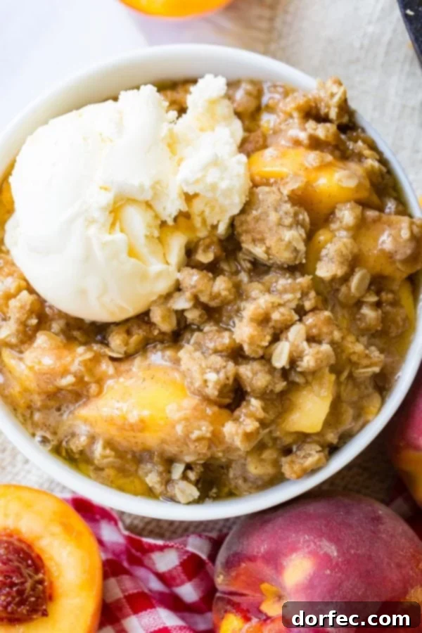 A photo of a bowl of peach crisp with a scoop of vanilla ice cream on top.