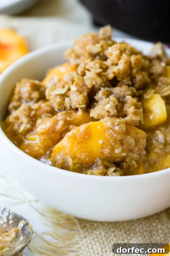A photo of a bowl of peach crisp with golden oatmeal topping.