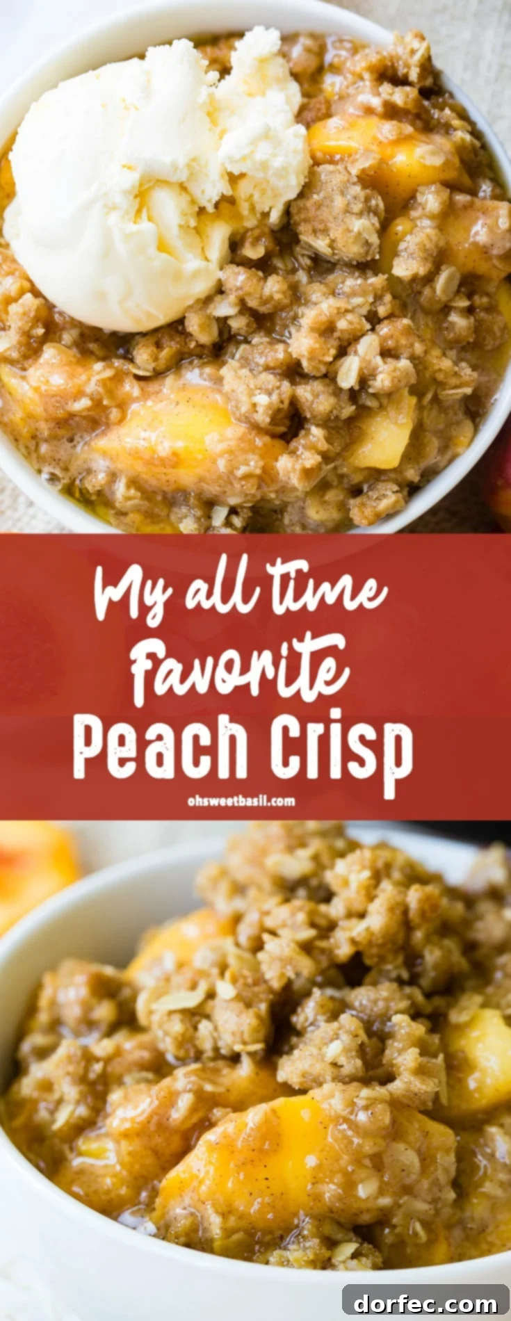 A photo of a bowl of peach crisp with a scoop of vanilla ice cream on top.