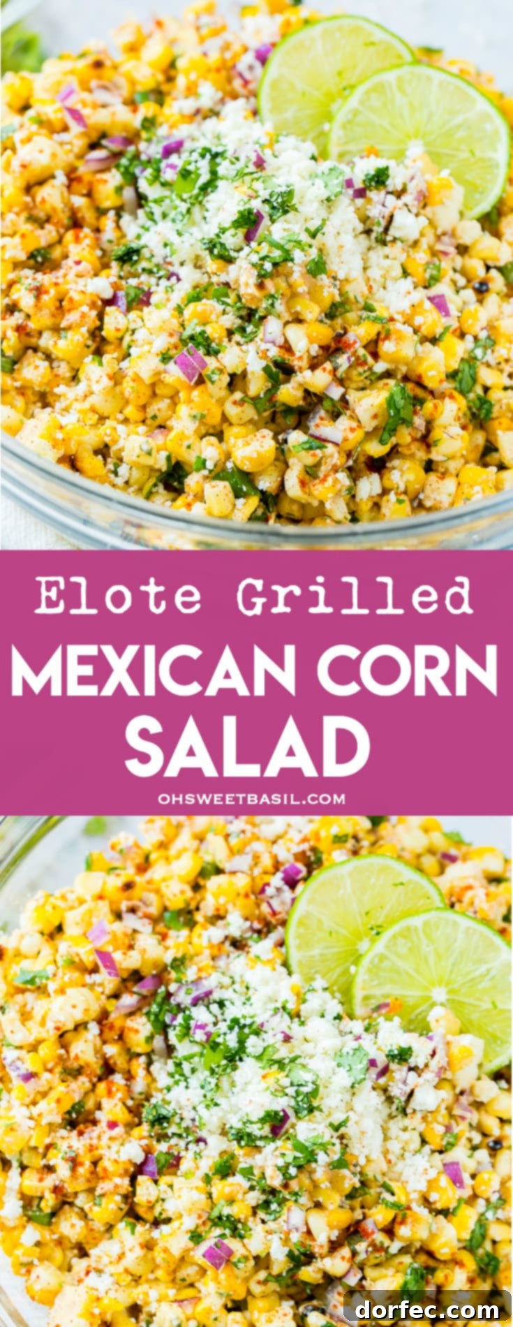 A bowl full of grilled corn kernels, red onions, cilantro, creamy crema, crumbled cotija cheese and fresh lime juice, showcasing the colorful and appetizing Elote Mexican Corn Salad.