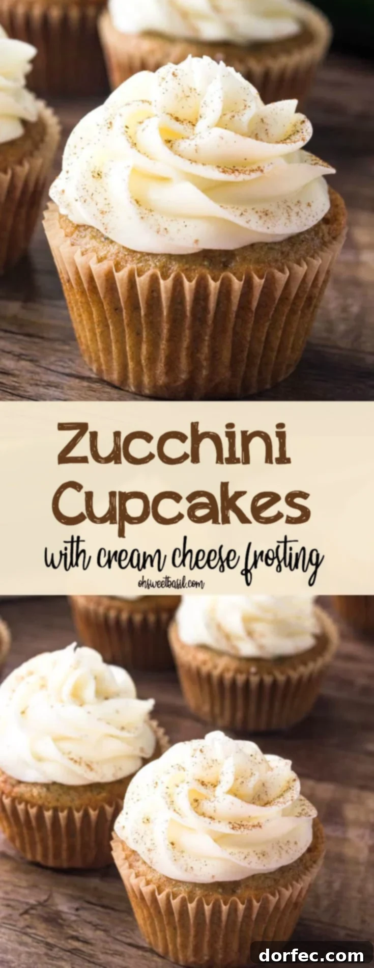 A high-angle shot of several zucchini cupcakes, beautifully decorated with swirls of cream cheese frosting and cinnamon, presented on a white serving plate.