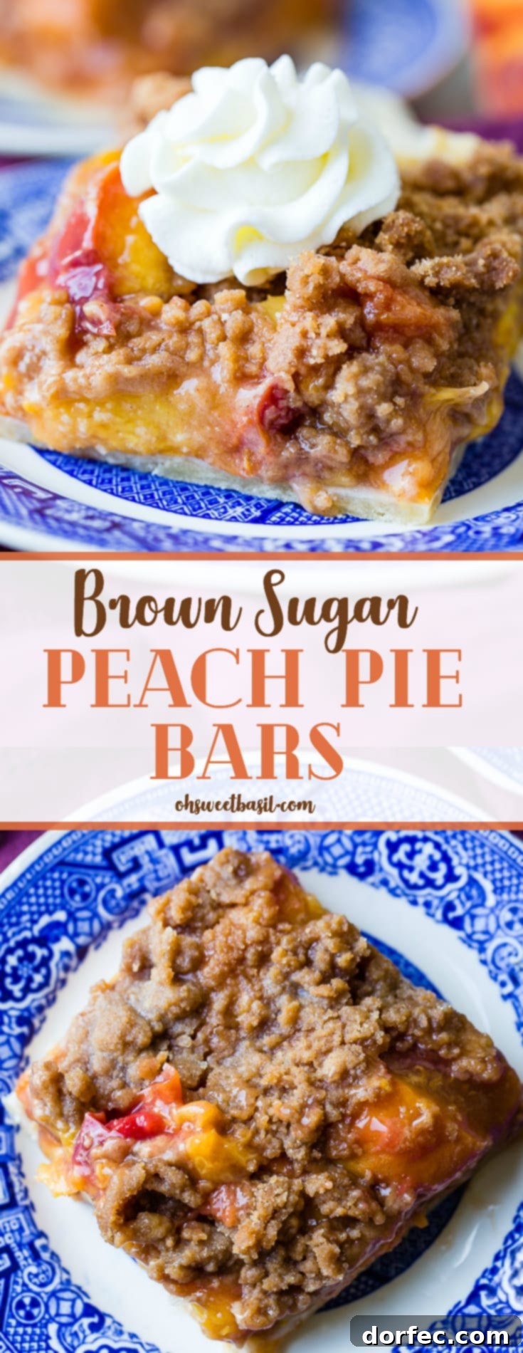 Decadent Brown Sugar Peach Pie Bar slice with a dollop of whipped cream