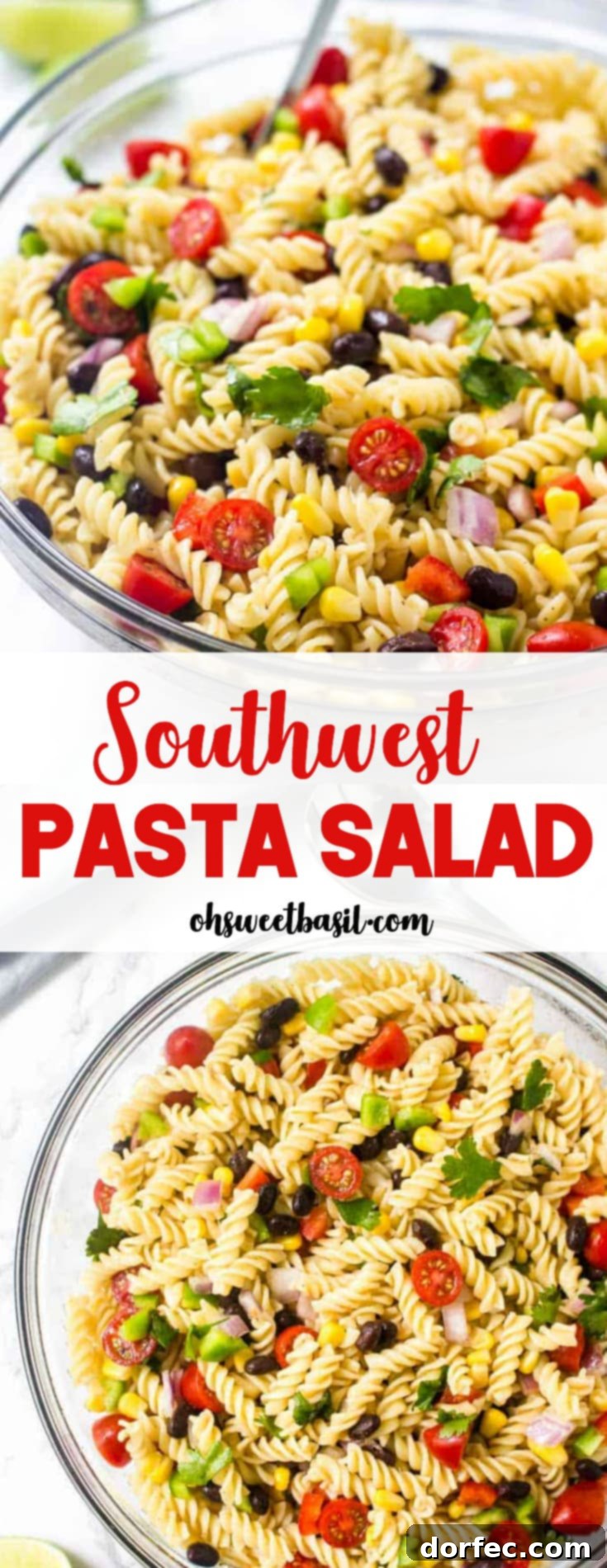 Zesty Tex-Mex Pasta Salad 7 A large bowl of Southwest pasta salad, beautifully arranged with colorful corn, tomatoes, black beans, and fresh cilantro, making it an inviting dish for any occasion.