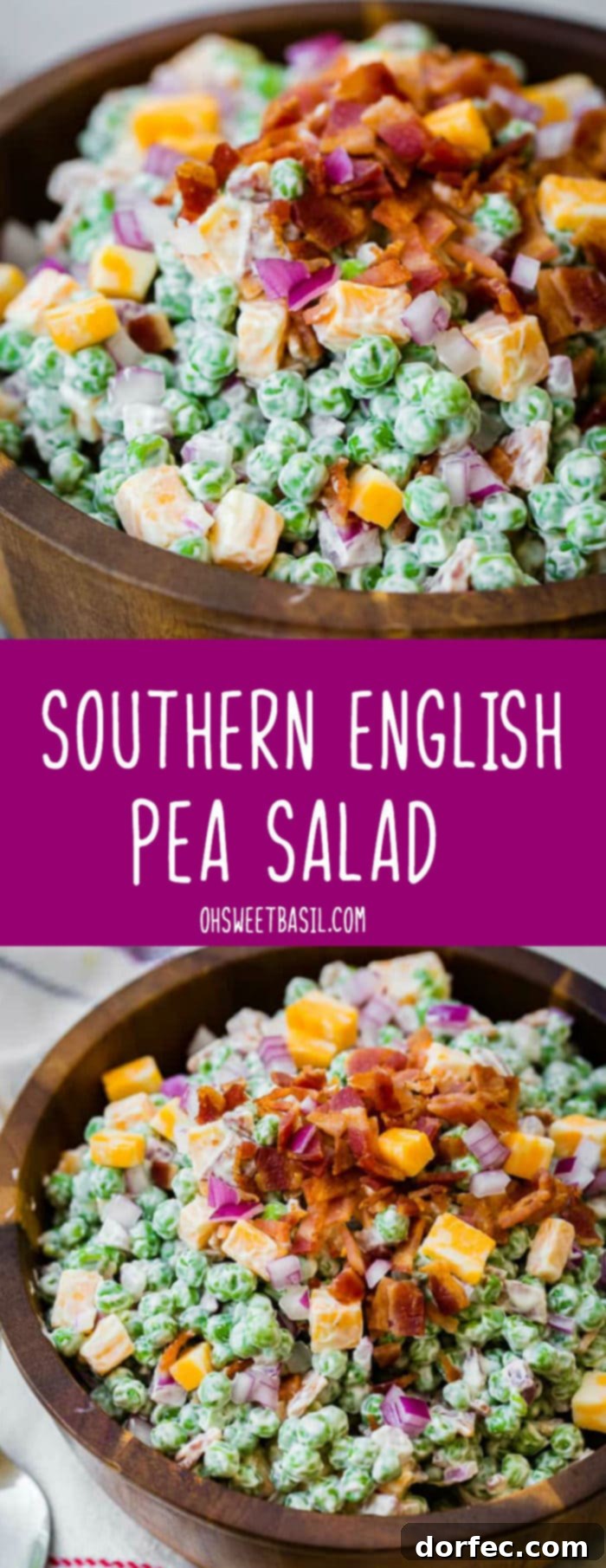 a wooden bowl full of creamy southern english pea salad with bacon, chunks of colby jack cheese