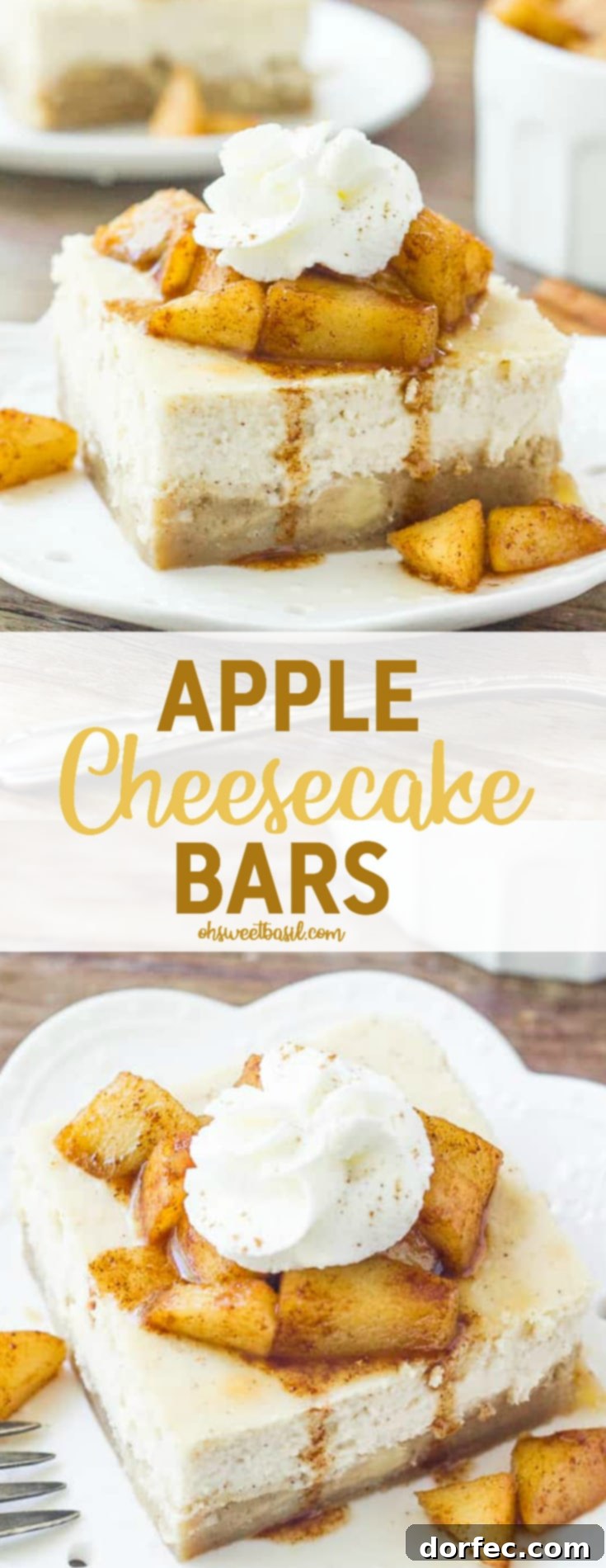 Caramel Apple Cheesecake Bars 7 A slice of apple cheesecake bars topped with cinnamon sugar apples and whipped cream