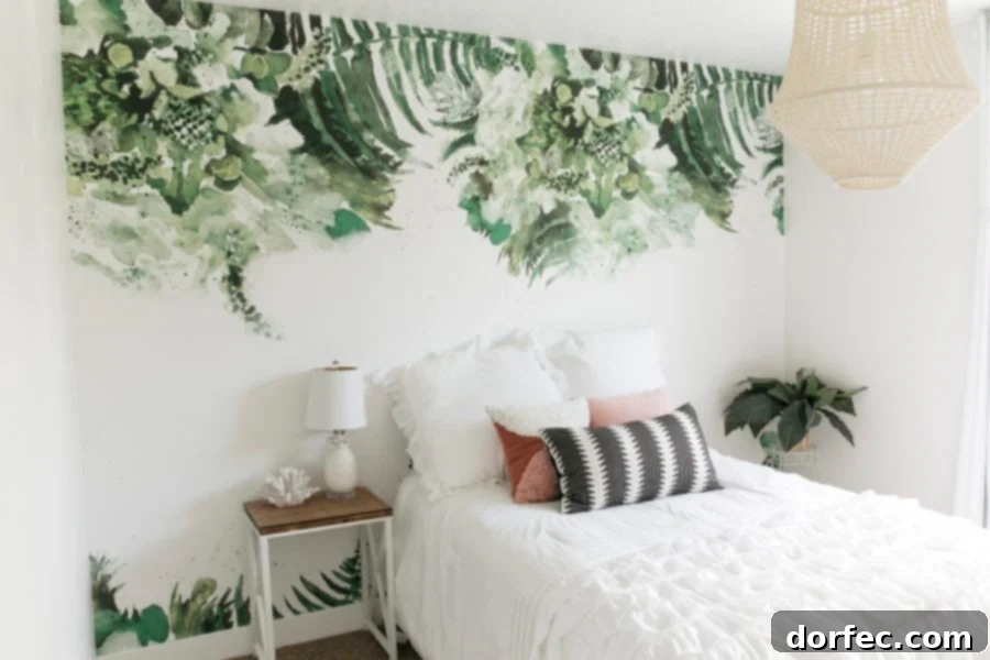 Close up of modern palm leaf removable wall sticker creating a stunning accent in a bedroom