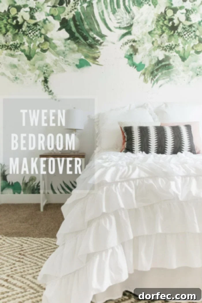 Overview of a tranquil beach-themed tween bedroom with removable palm wallpaper