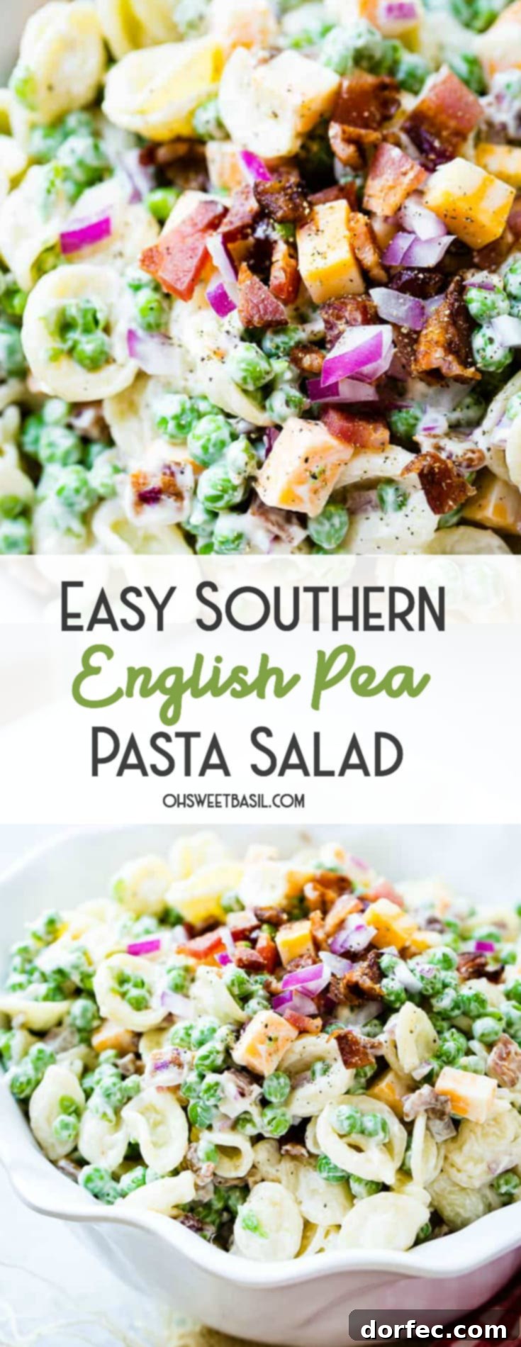 Overhead view of a prepared Easy Southern English Pea Pasta Salad, garnished with fresh herbs, ideal for a summer side dish.