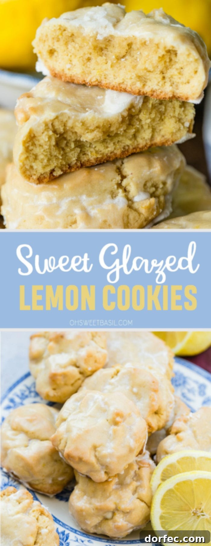 a pile of glazed lemon cookies on a blue floral vintage plate with slices of lemon
