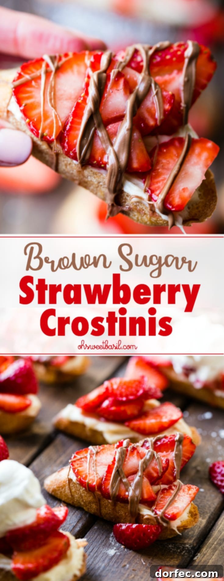 Golden Brown Sugar Strawberry Crostini 9 A brown board with Brown Sugar Strawberry Crostinis, beautifully presented with a rich chocolate drizzle, highlighting the fresh fruit and creamy topping.
