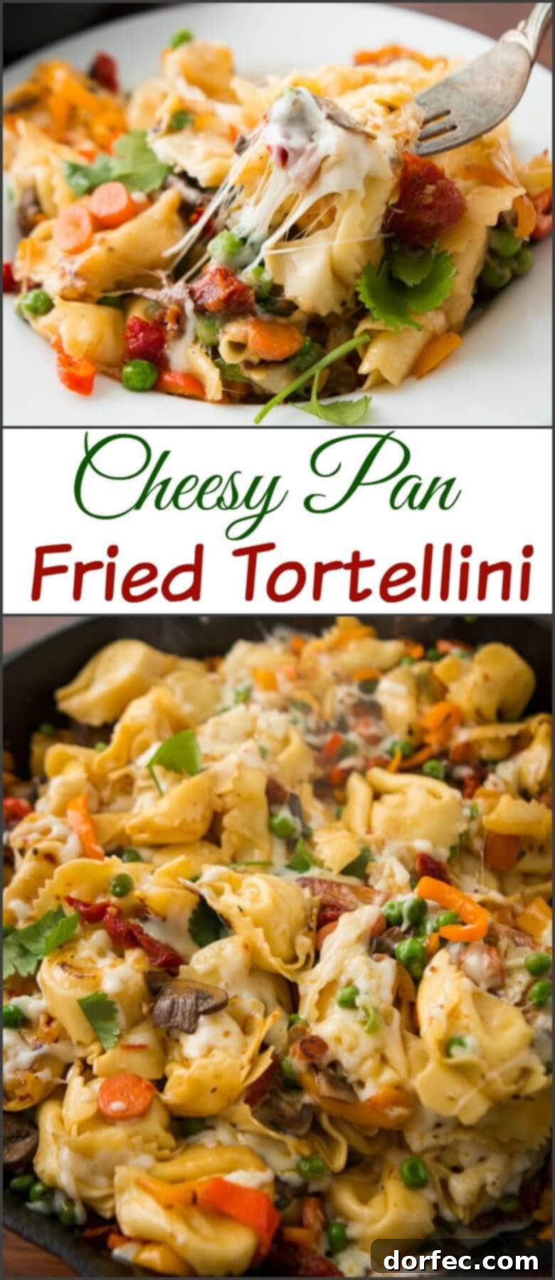 Large skillet of cheesy pan fried tortellini, ready to serve