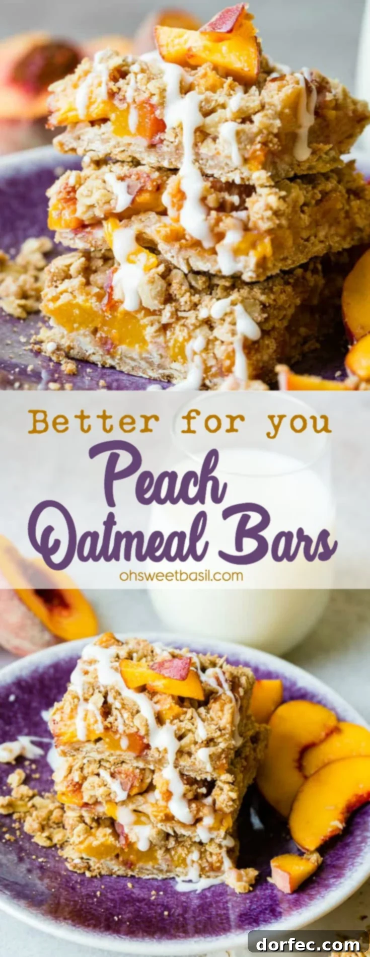 A dark purple plate featuring a stack of glazed healthy peach oatmeal bars, accompanied by a refreshing glass of milk. This inviting image highlights the bars as a perfect, wholesome snack.