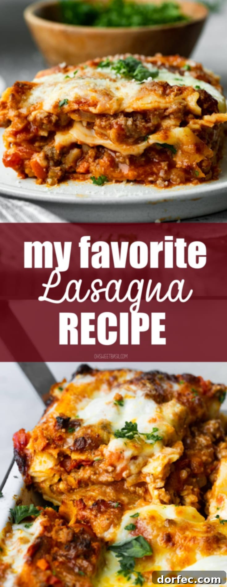 a photo of a serving of meaty lasagna being removed from the corner of a baking dish