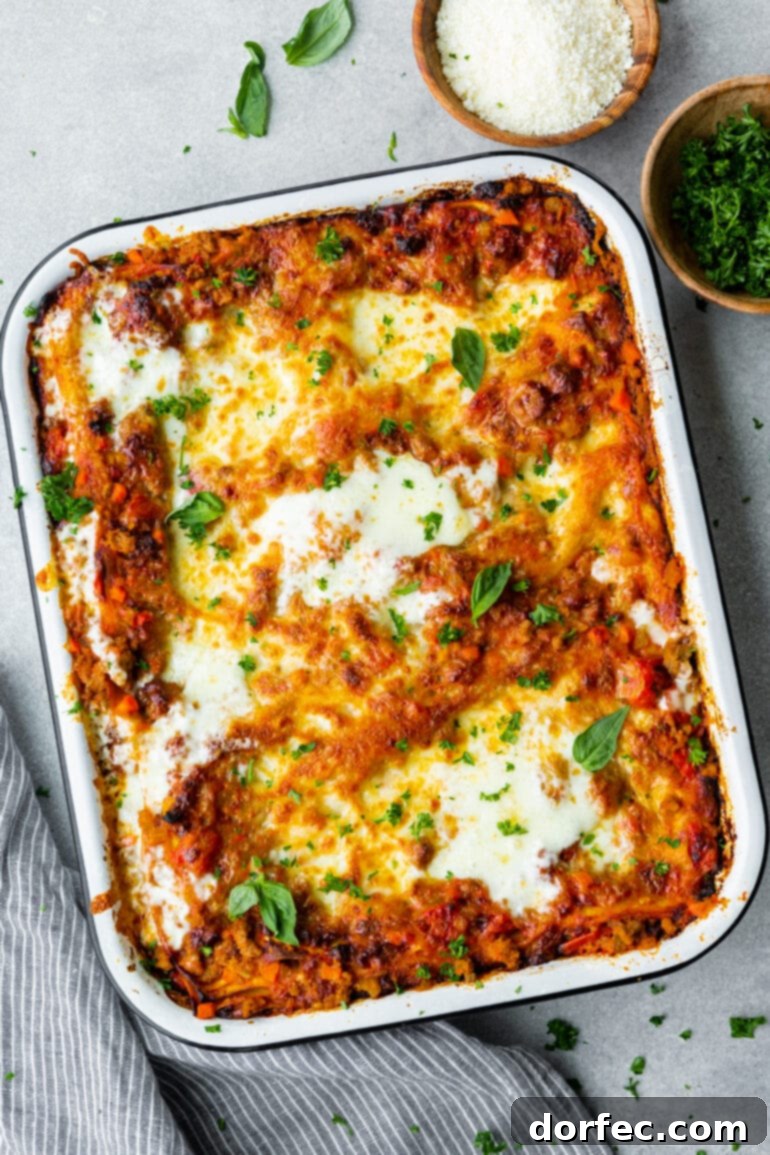 a photo of a rectangular baking dish full of baked homemade lasagna