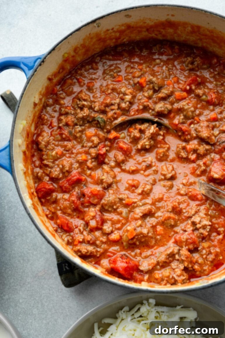a photo of a large dutch oven full of meaty tomato bolognese sauce