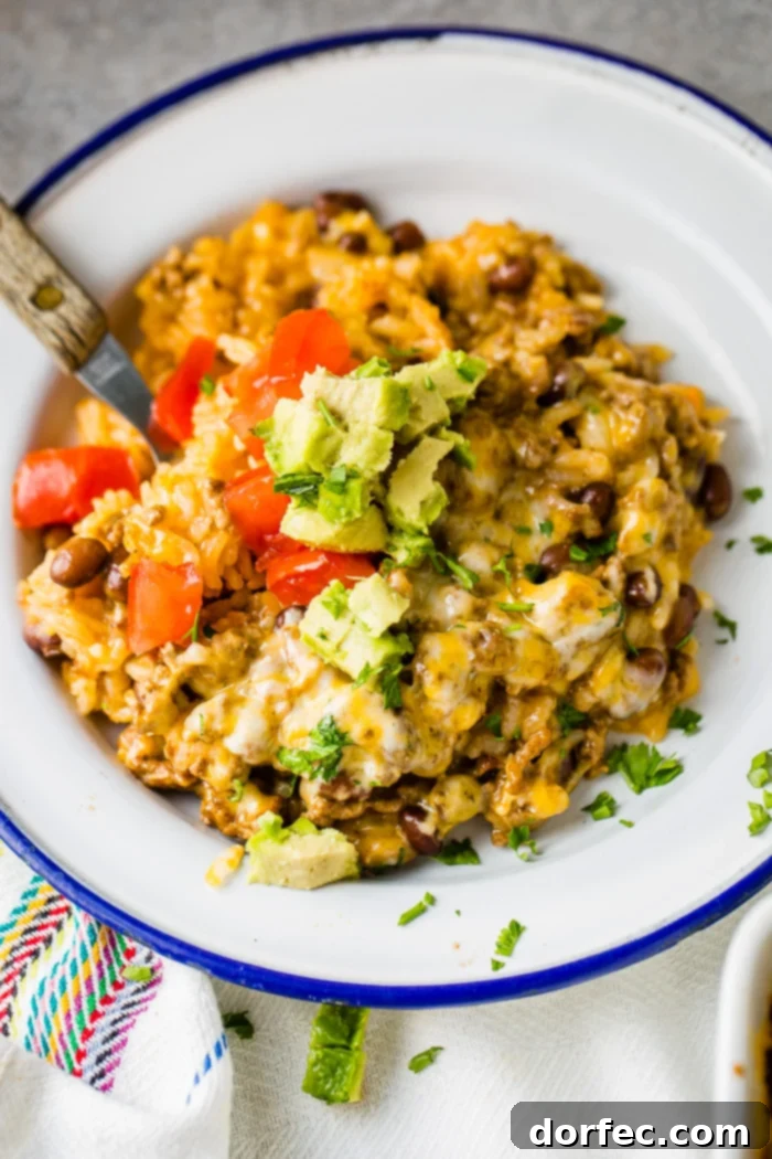 Cheesy Taco Rice and Beef Bake 7 A white dish with a blue rim, generously filled with Mexican rice casserole, garnished and ready to eat.