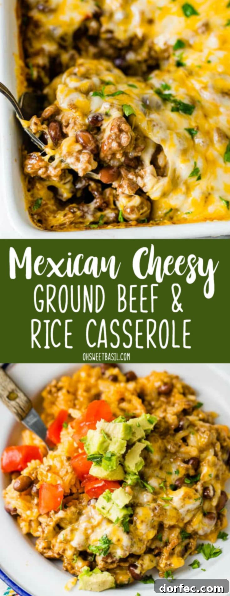 Cheesy Taco Rice and Beef Bake 9 A white casserole dish with a Mexican cheesy ground beef and rice casserole being scooped up with a large spoon, showcasing its rich texture and melted cheese.
