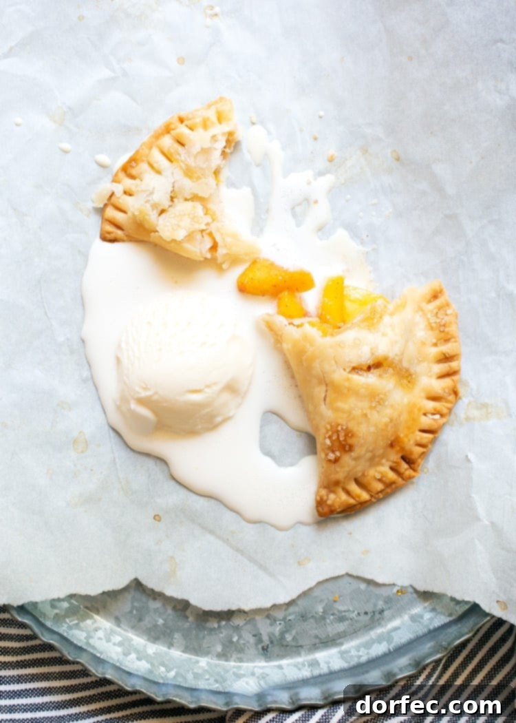 overhead view of half eaten hand pie with scoop of melting vanilla ice cream