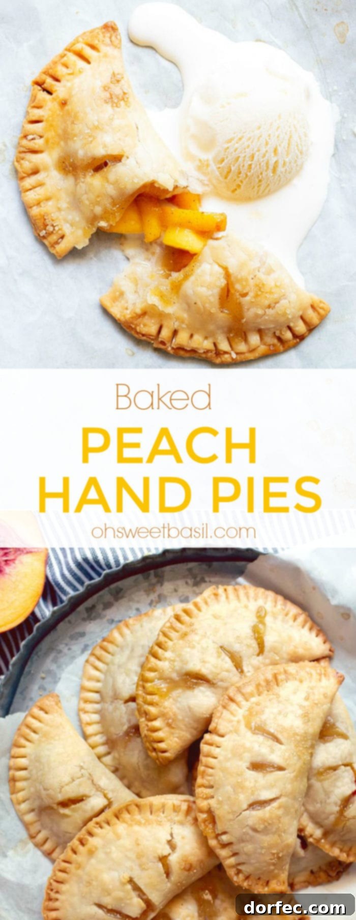 A Baked Peach Hand Pie with an open crust and peaches oozing out and a scoop of vanilla ice cream on the side.