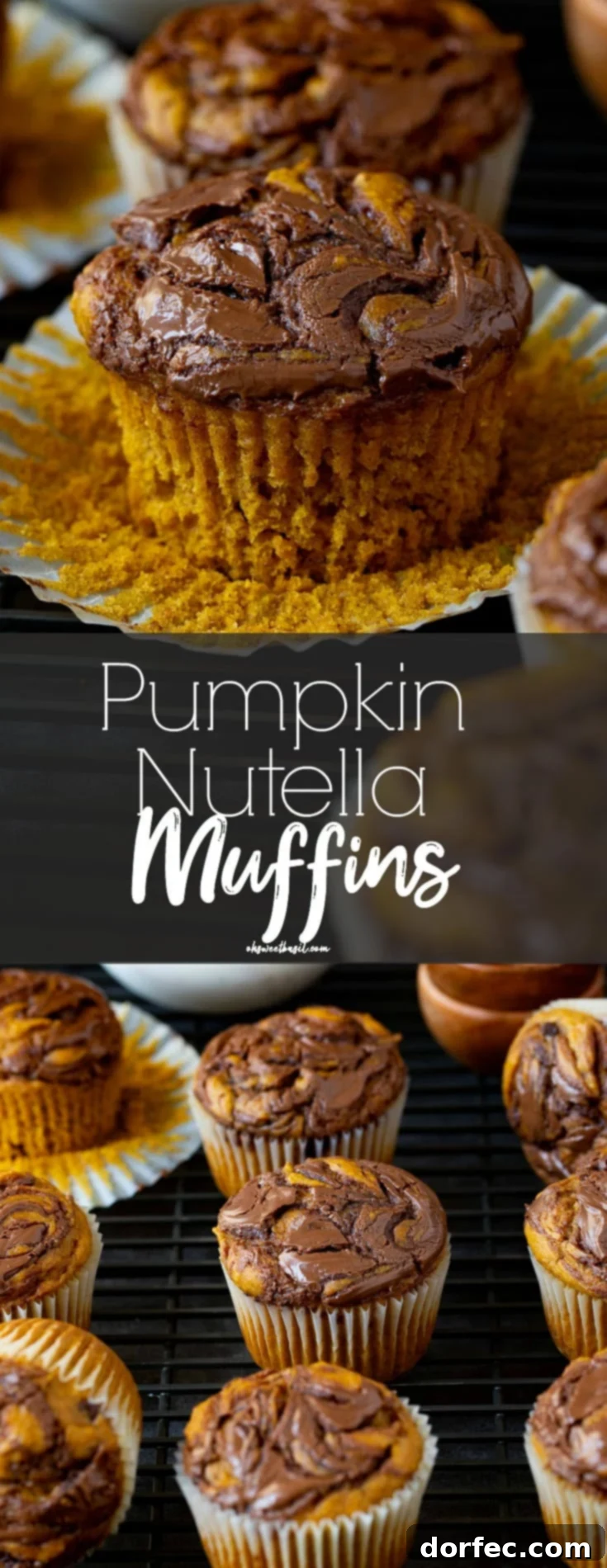 Nutella Swirled Pumpkin Muffins Recipe Ten Nutella swirled pumpkin muffins beautifully arranged. The paper liner has been peeled back on one of the muffins, offering a glimpse of its soft interior marbled with rich Nutella. A small bowl of creamy Nutella is visible in the background.