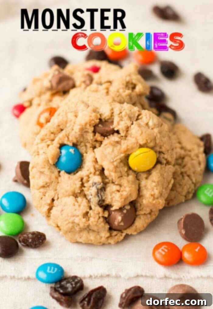 A towering stack of freshly baked monster cookies, showcasing their chewy texture and vibrant mix-ins like chocolate chips and M&Ms, a true family favorite.