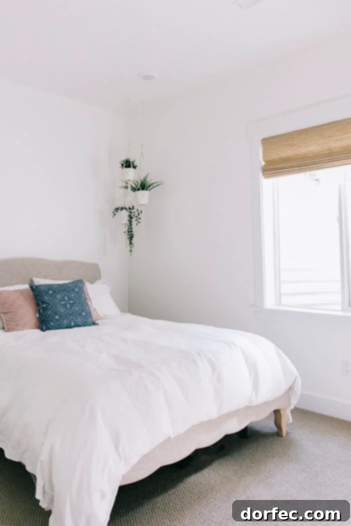 A serene guest bedroom, fully revealed after basement renovation, showing tasteful decor and functional elements.