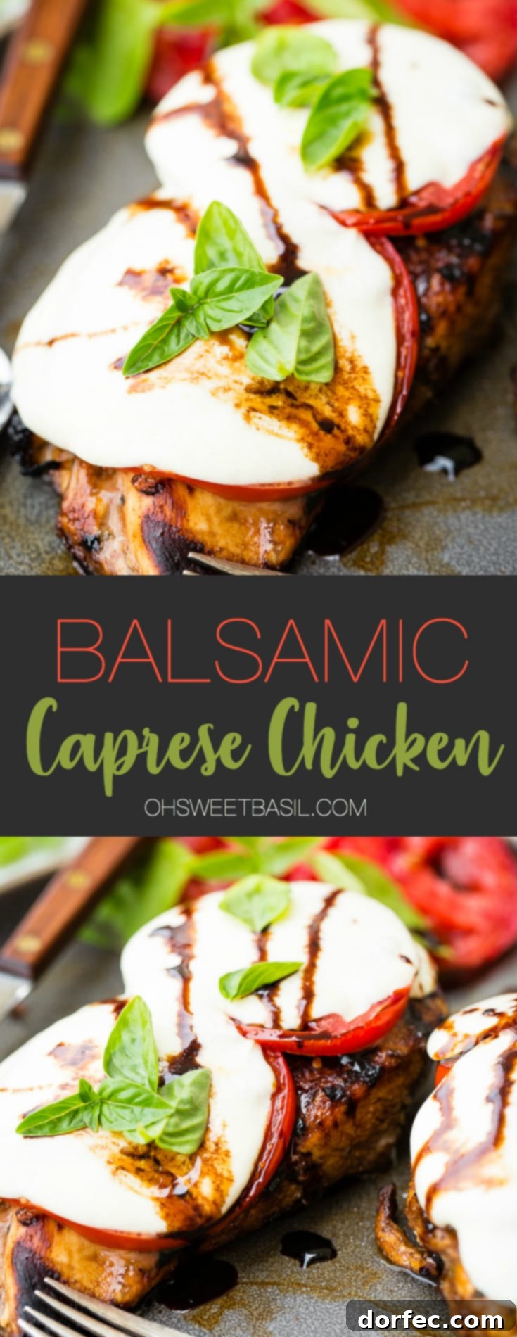 Balsamic Caprese Chicken, close-up, with fresh basil and tomatoes