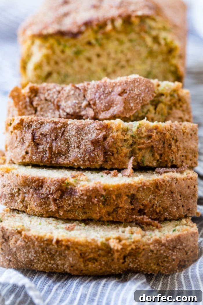 A close up of the best zucchini bread recipe with cinnamon sugar topping